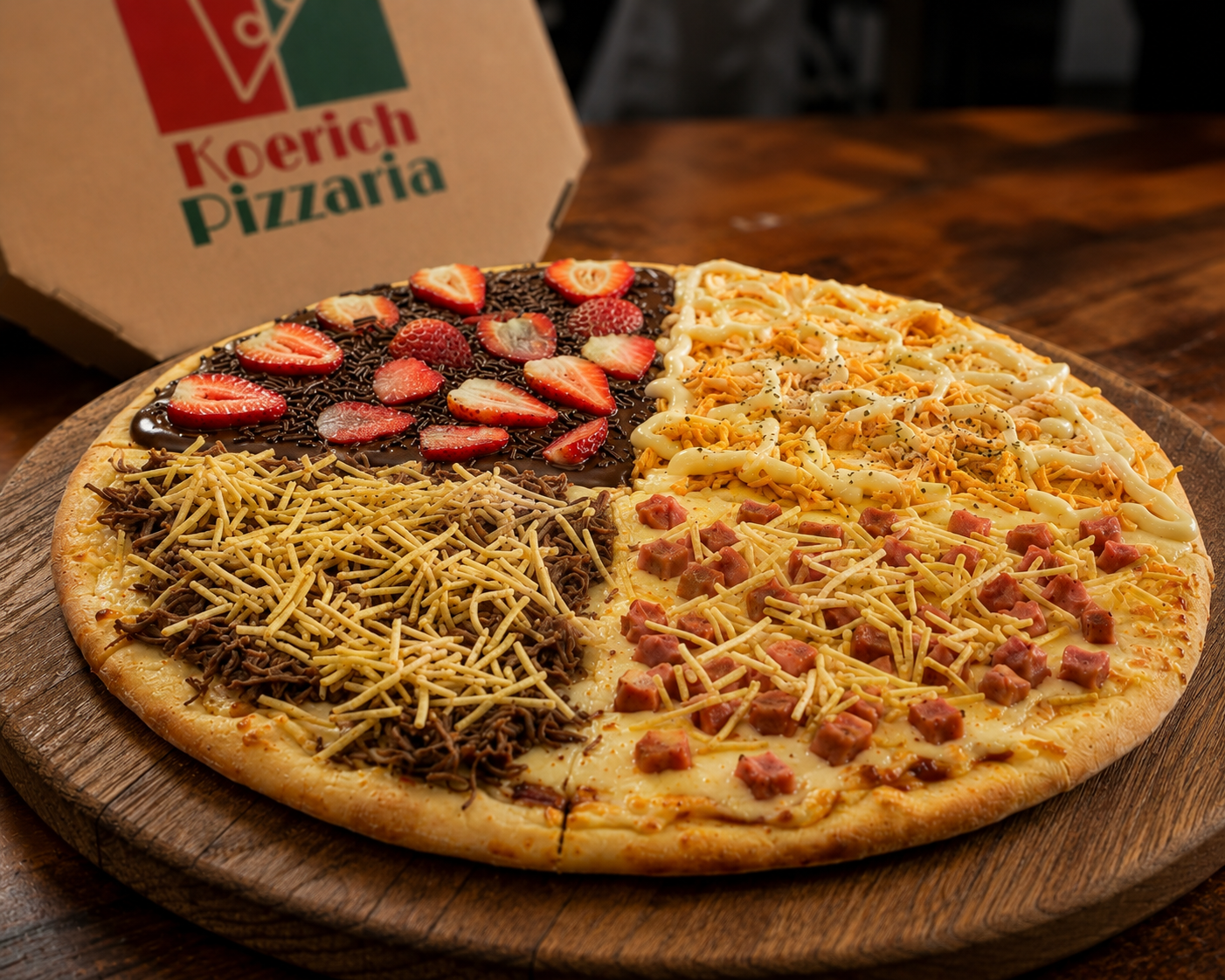 Pizza da Pizzaria Koerich em tábua de madeira